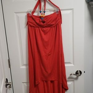 Orange Dots High Low Key Hole Dress with Beads